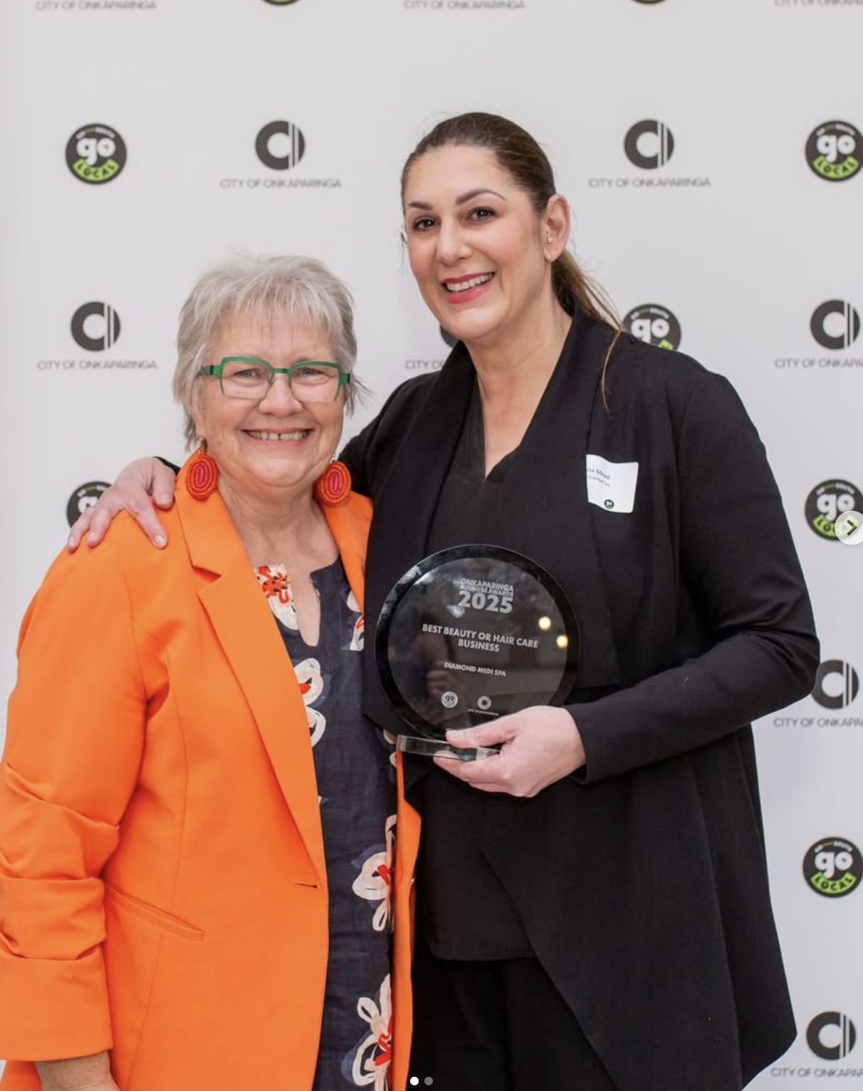 The Founder, founder of Diamond Medi Spa, accepting the 2025 Onkaparinga Business Award for Best Beauty or Hair Care Business